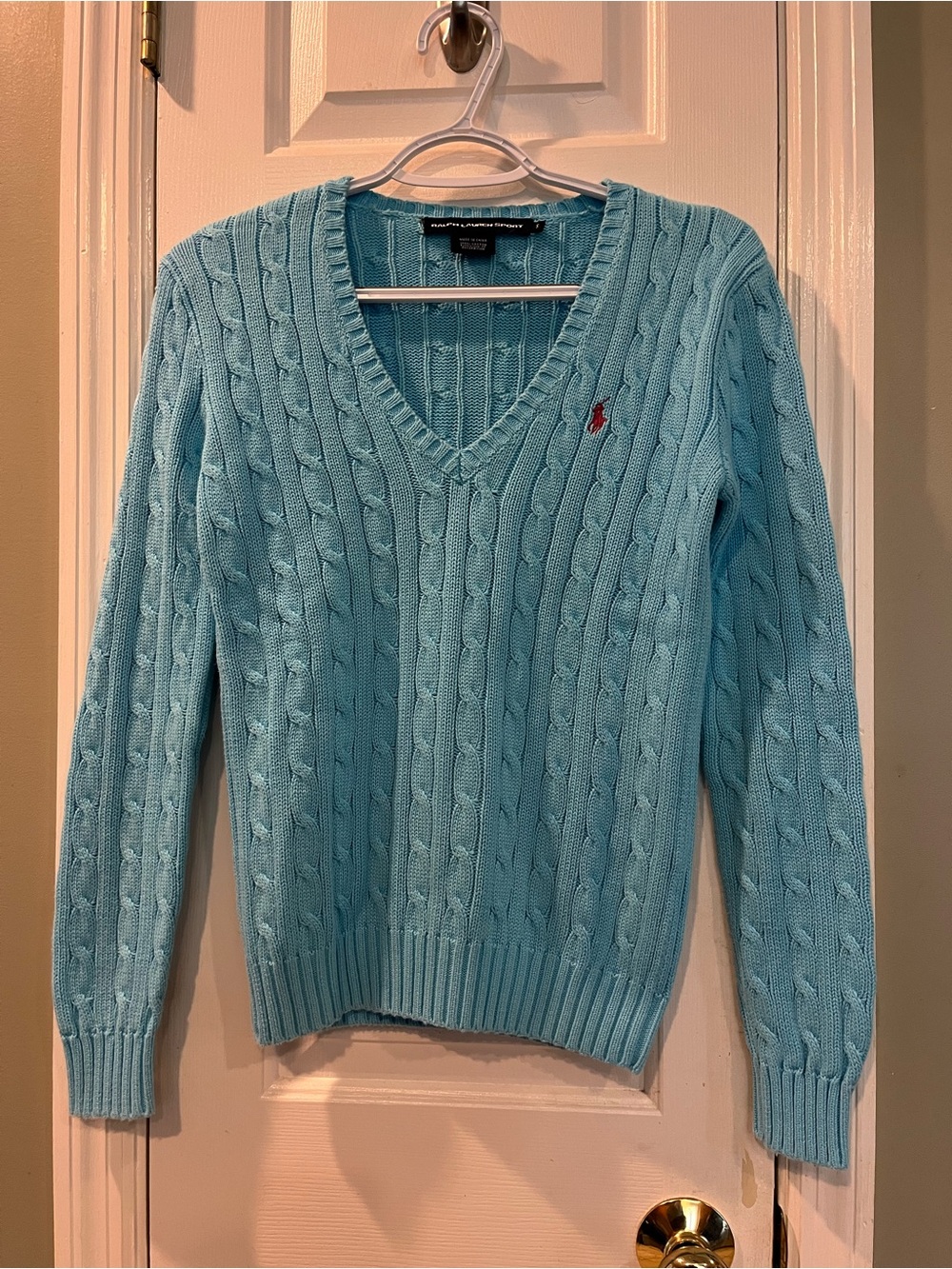 Y2K Ralph Lauren Sport Cable Knit V-Neck Sweater Small Aqua Blue Cotton Pony b3